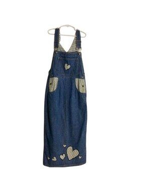 Vintage Butterscotch Denim Jumper Dress Girls 10/12 Used Heart Overalls Cotton